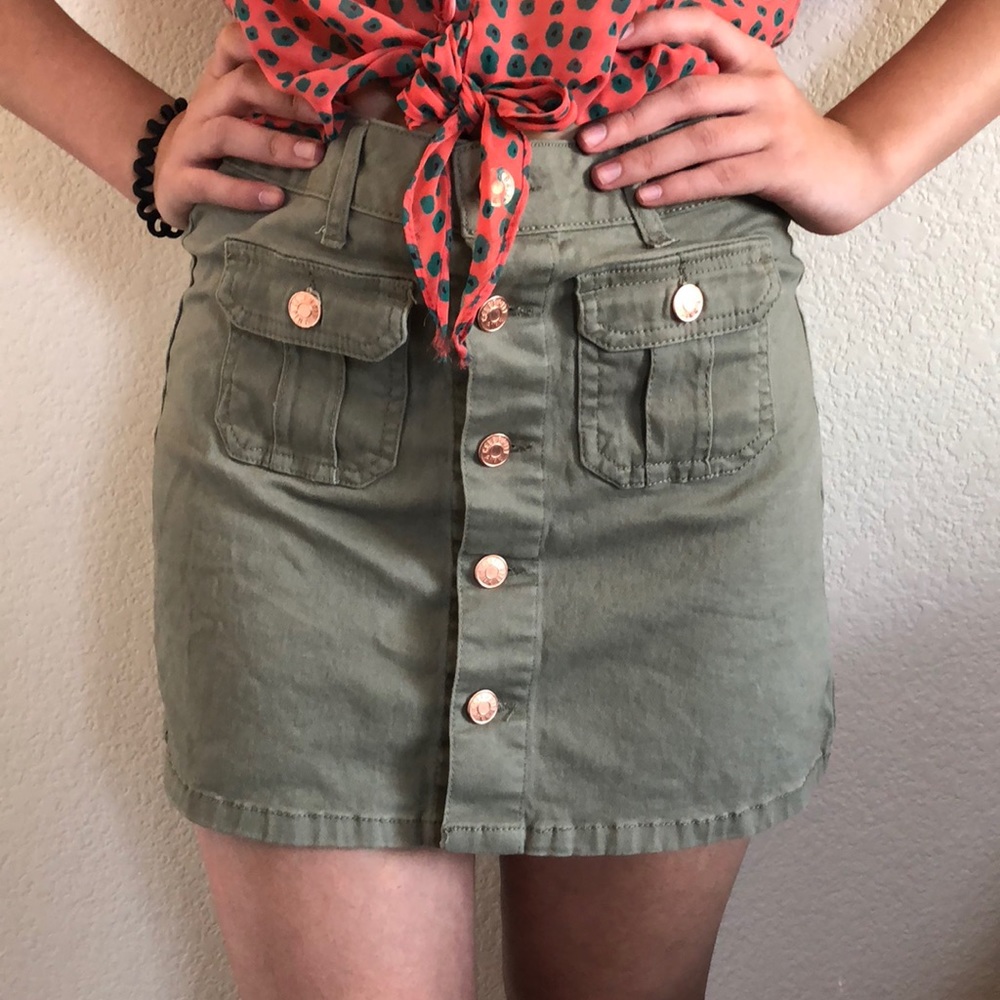Green Button Front High Waisted Mini Skirt